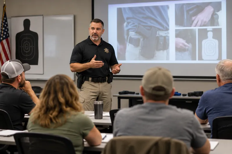 Concealed carry instructor teaching students in a classroom