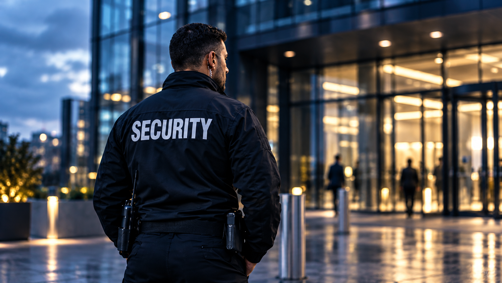 Professional security guard outside a modern building - Front Line Training Center
